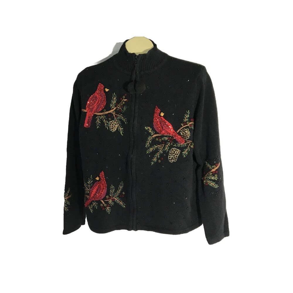 Vintage Tiara Int Holiday Sweater Cardigan Size Lg Cardinals Sequins Pompom ZIp